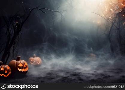 Dark Halloween background with empty space. Pumpkin, Jack O’Lantern. Copy space for your text. Happy Halloween. Mystical backdrop. Generative AI. Dark Halloween background with empty space. Pumpkin, Jack O’Lantern. Copy space for your text. Happy Halloween. Mystical backdrop. Generative AI.