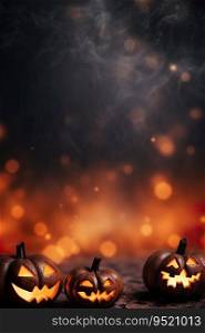 Dark Halloween background with empty space. Pumpkin, Jack O’Lantern. Copy space for your text. Happy Halloween. Vertical, mystical backdrop. Generative AI. Dark Halloween background with empty space. Pumpkin, Jack O’Lantern. Copy space for your text. Happy Halloween. Vertical, mystical backdrop. Generative AI.
