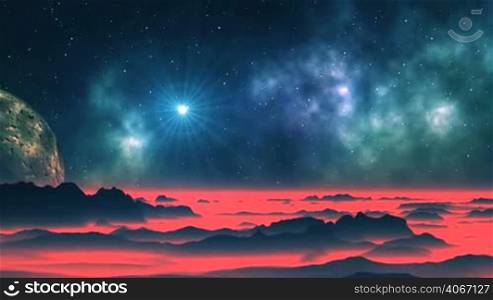 Dark hills covered with thick red mist. In the dark starry sky, the nebula, a bright radiant star in a halo and a huge planet (moon).
