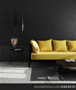 Dark interior of living room with black wall and bright yellow sofa, modern luxury living room interior background, living room interior mock up, interior with black walls, 3d rendering
