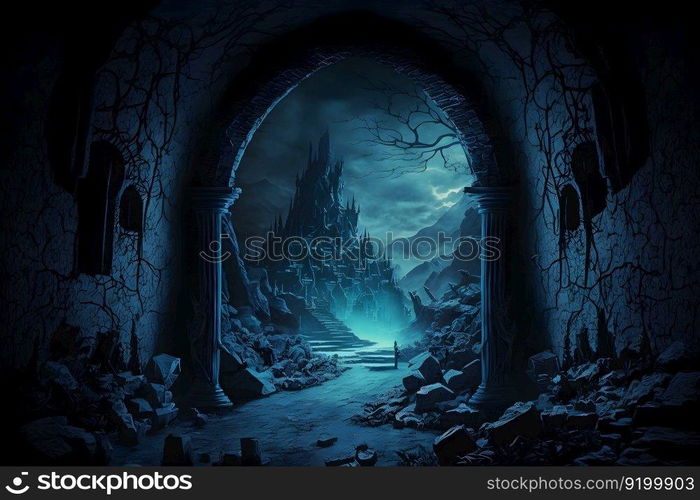 Dark Knight Fantasy Medieval Castle. Scary horror mystical landscape. Neural network AI generated. Dark Knight Fantasy Medieval Castle. Scary horror mystical landscape. Neural network AI generated art