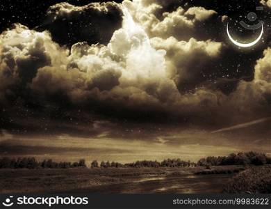 Dark landscape with heavy clouds and river, retro background.