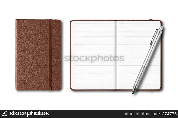 Dark leather closed and open lined notebooks with a pen isolated on white. Dark leather closed and open notebooks with a pen isolated on white