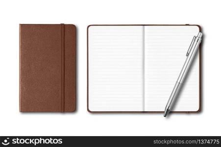 Dark leather closed and open lined notebooks with a pen isolated on white. Dark leather closed and open notebooks with a pen isolated on white