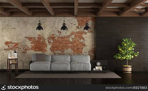 Dark living room in rustic style. Dark living room in rustic style with pallet sofa, brick wall and wooden paneling- 3d rendering