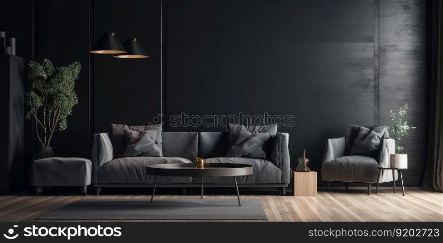 Dark living room interior with luxury gray sofa. distinct generative AI image.. Dark living room interior with luxury gray sofa