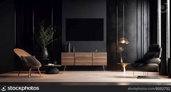 Dark living room interior with luxury gray sofa. distinct generative AI image.. Dark living room interior with luxury gray sofa
