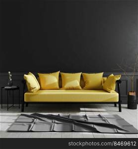Dark living room interior with yellow sofa mock up, luxury modern living room interior background, black wall, scandinavian style, 3d rendering