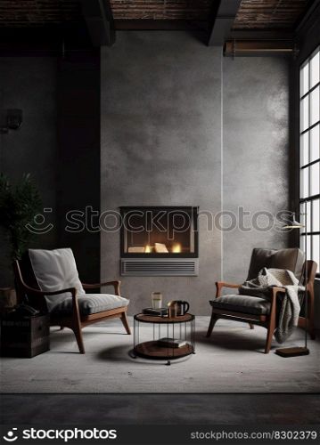 Dark living room loft with fireplace, interior industrial style, generative ai