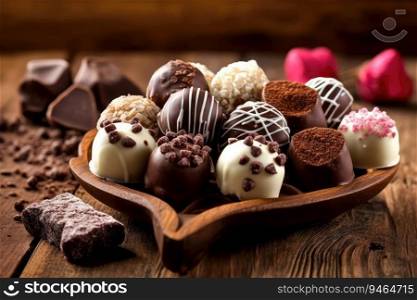 Dark, milk and white chocolate candies / pralines / truffles, assorted on wooden table. Dessert for Valentine’s Day. Generative AI