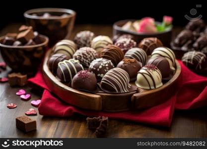 Dark, milk and white chocolate candies / pralines / truffles, assorted on wooden table. Dessert for Valentine&rsquo;s Day.