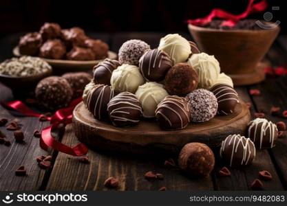 Dark, milk and white chocolate candies / pralines / truffles, assorted on wooden table. Dessert for Valentine’s Day.