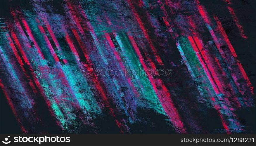 Dark moody distorted abstract glitch background banner texture of random diagonal magenta streaks blended with pixelated black and blue in panorama format