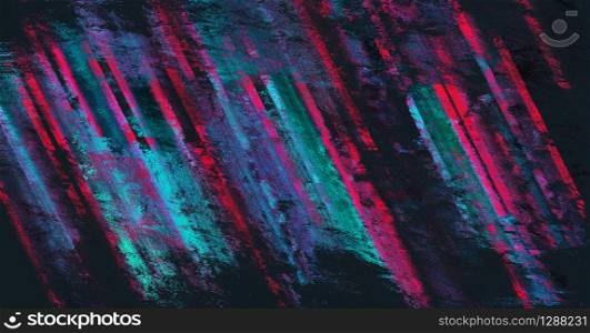 Dark moody distorted abstract glitch background banner texture of random diagonal magenta streaks blended with pixelated black and blue in panorama format