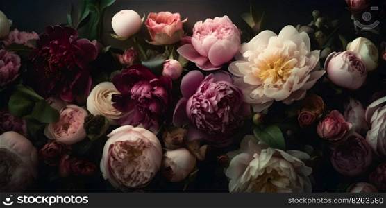 Dark moody floral peony flower wall background. Blooming atmospheric lush greenery fresh flowers maximalist blossom old painting styled. Ornamental greeting postcard. AI Generative content
