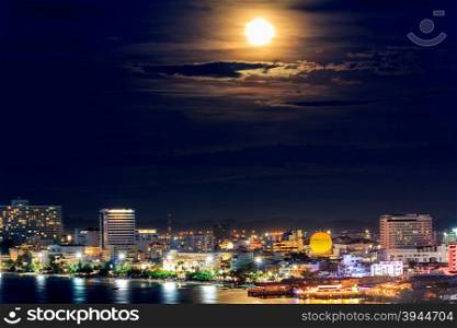 Dark Night City With Full Moon, Pattaya Thailand.