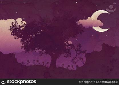 Dark night landscape with tree and grass silhouette grunge illustration.