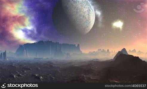 Dark night sky studded with stars. The bright color nebula slowly changes its shape. A huge moon half hidden shadow. Under its stone desert and jagged cliffs. The surface reflects bright light of the distant sun. Above the planet glowing pink mist. The camera flies over the fantastic landscape