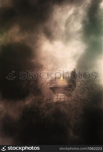 Dark old spooky tower and crooked tree branches at foggy night, photo manipulation.