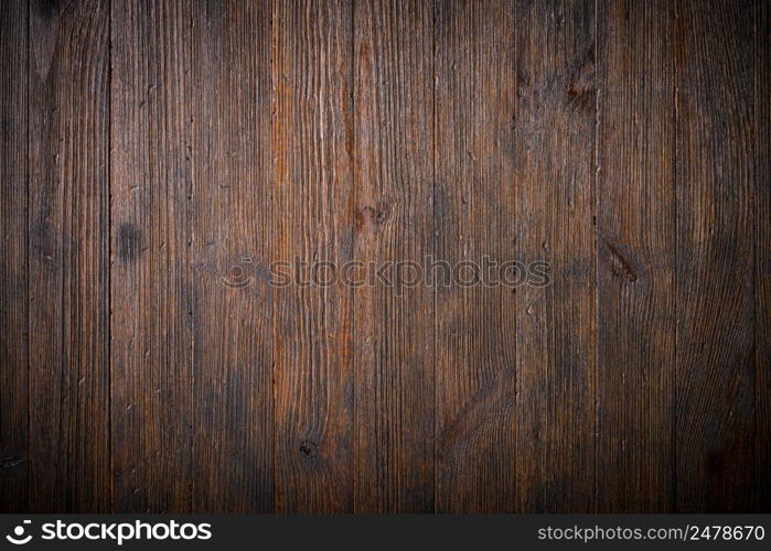 Dark old wooden planks table texture background top view