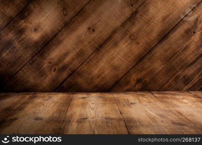 Dark plank wood floor and wall texture perspective background for montage or display your products, Mock up template for your design. Horizontal view.. Dark plank wood floor and wall background.