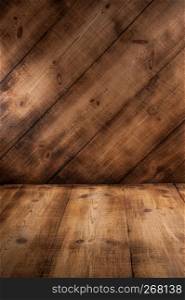 Dark plank wood floor and wall texture perspective background for montage or display your products, Mock up template for your design. Vertical view.. Dark plank wood floor and wall background.