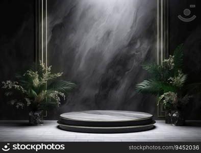 Dark podium, showcase for advertising products and goods. Display with natural stones and green tropical branches. Background for natural cosmetics and branding. AI Generative