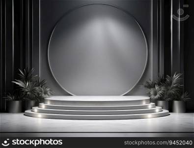 Dark podium, showcase for advertising products and goods. Display with natural stones and green tropical branches. Background for natural cosmetics and branding. AI Generative