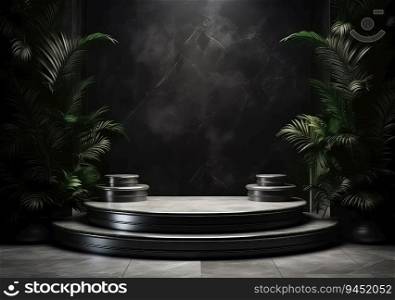 Dark podium, showcase for advertising products and goods. Display with natural stones and green tropical branches. Background for natural cosmetics and branding. AI Generative