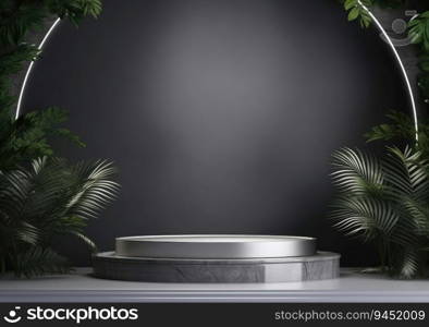 Dark podium, showcase for advertising products and goods. Display with natural stones tropical branches. Background for natural cosmetics and branding. AI Generative