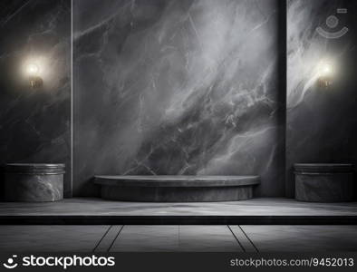 Dark podium, showcase for advertising products and goods. Display with natural stones tropical branches. Background for natural cosmetics and branding. AI Generative