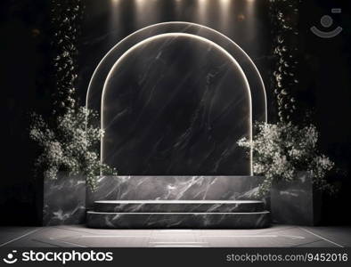 Dark podium, showcase for advertising products and goods. Display with natural stones tropical branches. Background for natural cosmetics and branding. AI Generative