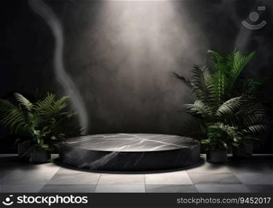 Dark podium, showcase for advertising products and goods. Display with natural stones tropical branches. Background for natural cosmetics and branding. AI Generative