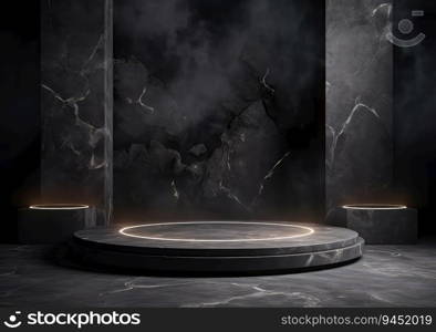 Dark podium, showcase for advertising products and goods. Display with natural stones tropical branches. Background for natural cosmetics and branding. AI Generative