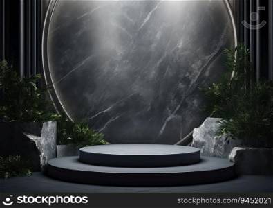 Dark podium, showcase for advertising products and goods. Display with natural stones tropical branches. Background for natural cosmetics and branding. AI Generative