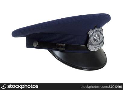Dark Police cap with badge and a shiny brim in profile - path included
