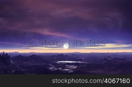 Dark purple mountains covered with snow. Over the hazy horizon bright moon rises. In the dark starry sky clouds float. Moonlight is reflected in a mountain icy lake.