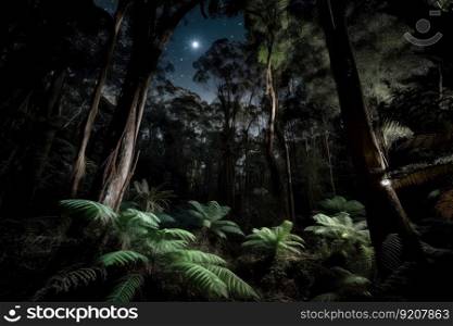 dark rainforest at night, with moonlight shining through the tall trees, created with generative ai. dark rainforest at night, with moonlight shining through the tall trees