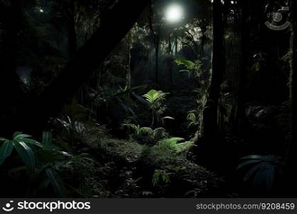 dark rainforest at night, with the glow of the moon illuminating the forest floor, created with generative ai. dark rainforest at night, with the glow of the moon illuminating the forest floor