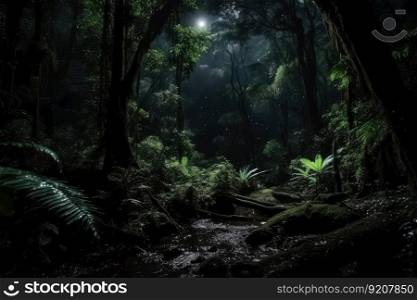 dark rainforest at night, with the magical glow of the moon and stars, created with generative ai. dark rainforest at night, with the magical glow of the moon and stars