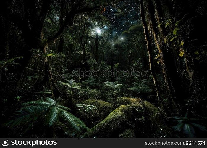 dark rainforest at night, with the stars shining above, created with generative ai. dark rainforest at night, with the stars shining above