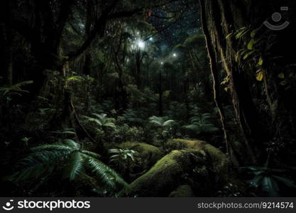 dark rainforest at night, with the stars shining above, created with generative ai. dark rainforest at night, with the stars shining above