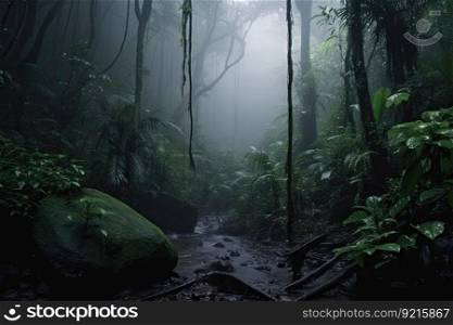 dark rainforest scene with misty fog, creating mysterious atmosphere, created with generative ai. dark rainforest scene with misty fog, creating mysterious atmosphere