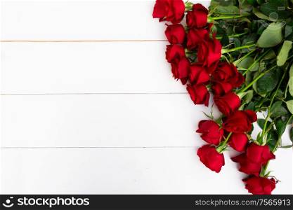 Dark Red buds of valentines day festive roses flowers with ribbon border on white wood with copy space. Red blooming roses on wood