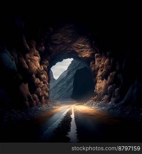 Dark road in cave leads to light, Light end of the tunnel 3d illustrated