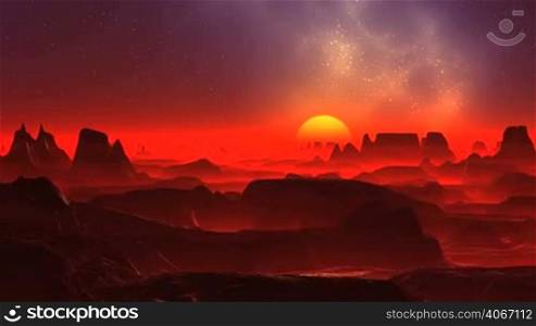 Dark rocks stand among a thick red glowing fog. A large bright yellow sun rises above the horizon. In the dark starry sky a blue glowing nebula.