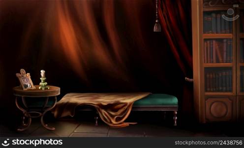 Dark room interior in the style of Fuseli painting. Digital Painting Background, Illustration.. Room interior in the style of Fuseli painting 1