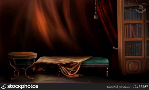 Dark room interior in the style of Fuseli painting. Digital Painting Background, Illustration.. Room interior in the style of Fuseli painting 2