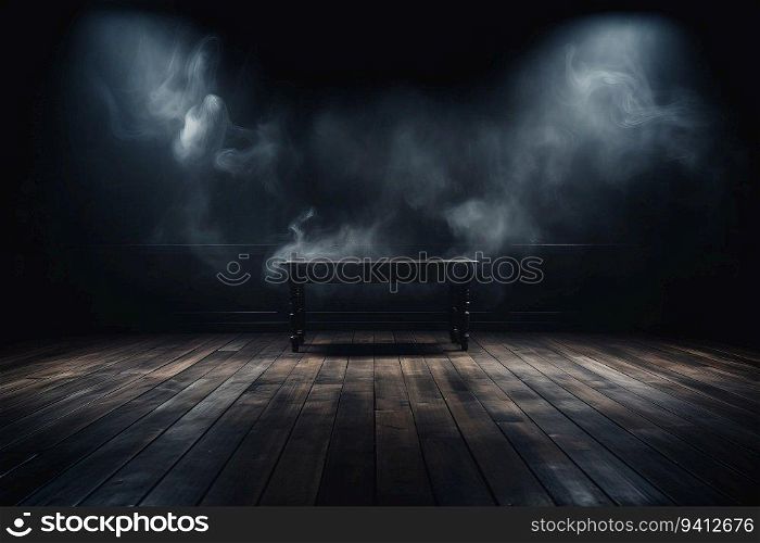 Dark room with a wooden floor and a wooden bench. Dark background with smoke.