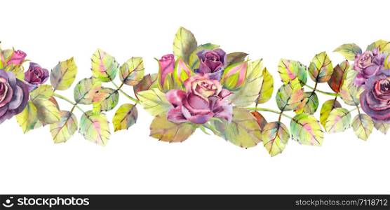 Dark roses, buds, leaves. Repeating summer horizontal border. Floral watercolor. Watercolor compositions for the design of greeting cards or invitations. Illustration. Dark roses, buds, leaves. Repeating summer horizontal border. Floral watercolor. Watercolor compositions for the design of greeting cards or invitations. Illustration.